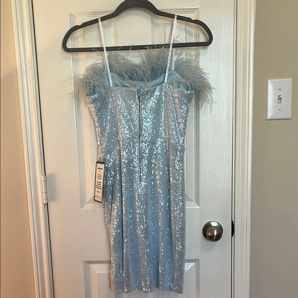 NWT B. Darlin Blue Sequin Feather Cocktail Dress - Picture 3 of 11